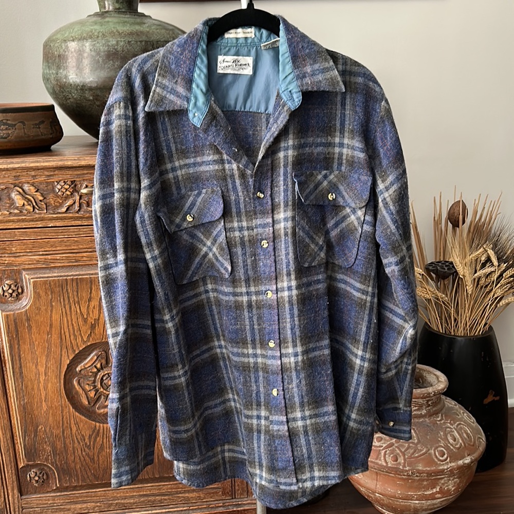 VINTAGE Men’s SEARS ROEBUCK Single Needle Tailoring Blue Plaid Wool Shirt